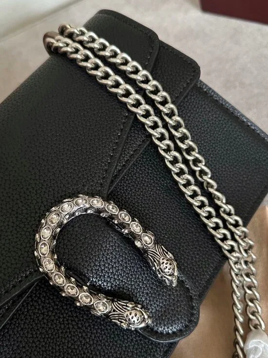 Black Dionysus Style Small Chain Bag Textured Leather Silver Hardware - Picture 7 of 9